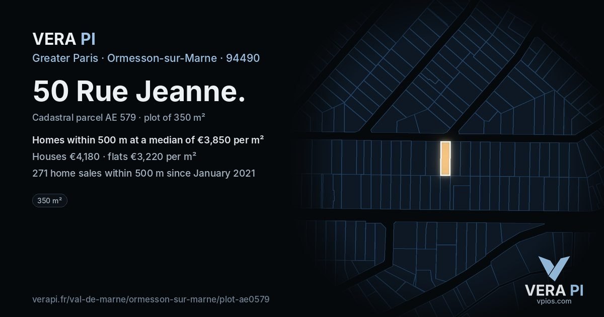 50 Rue Jeanne, Ormesson-sur-Marne at night – the plot lit, the parcels around coloured by the prices near them