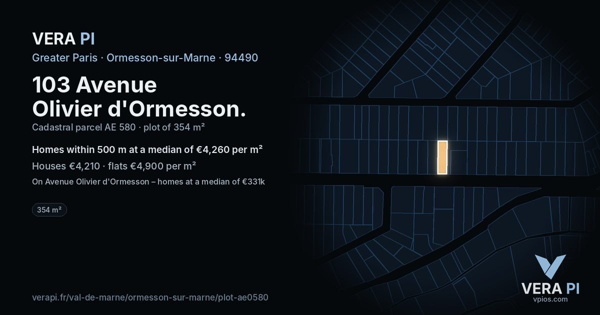 103 Avenue Olivier d'Ormesson, Ormesson-sur-Marne at night – the plot lit, the parcels around coloured by the prices near them
