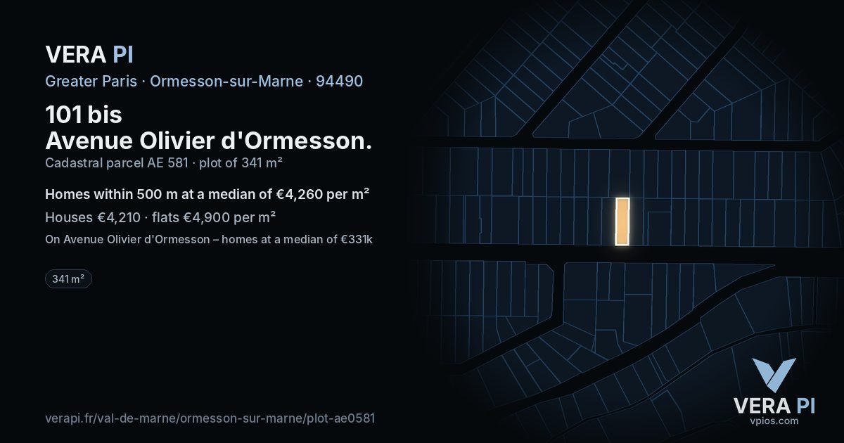 101 bis Avenue Olivier d'Ormesson, Ormesson-sur-Marne at night – the plot lit, the parcels around coloured by the prices near them