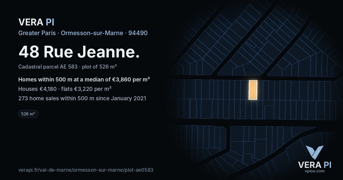 48 Rue Jeanne, Ormesson-sur-Marne at night – the plot lit, the parcels around coloured by the prices near them