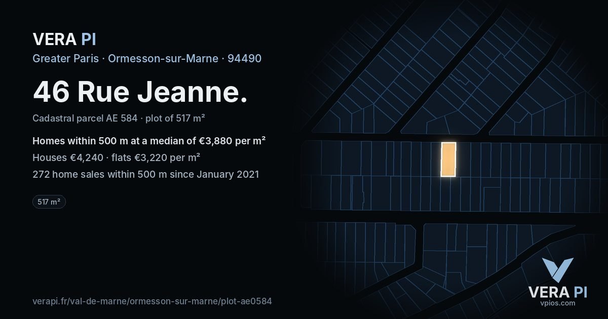 46 Rue Jeanne, Ormesson-sur-Marne at night – the plot lit, the parcels around coloured by the prices near them