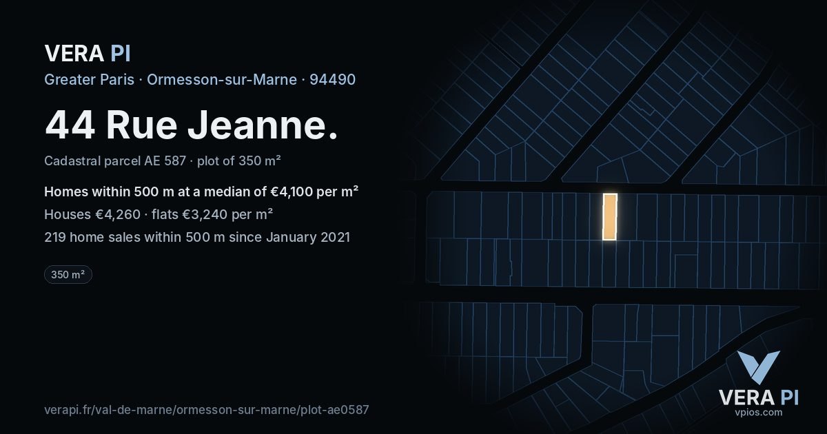 44 Rue Jeanne, Ormesson-sur-Marne at night – the plot lit, the parcels around coloured by the prices near them