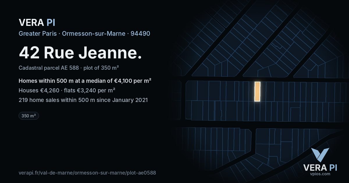 42 Rue Jeanne, Ormesson-sur-Marne at night – the plot lit, the parcels around coloured by the prices near them