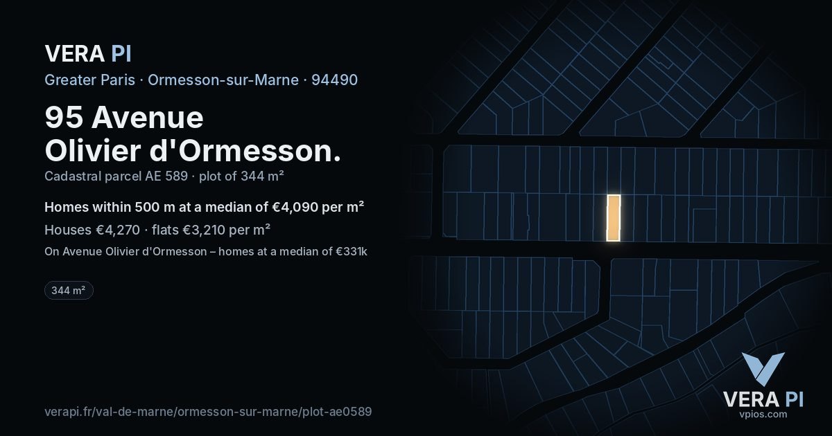 95 Avenue Olivier d'Ormesson, Ormesson-sur-Marne at night – the plot lit, the parcels around coloured by the prices near them