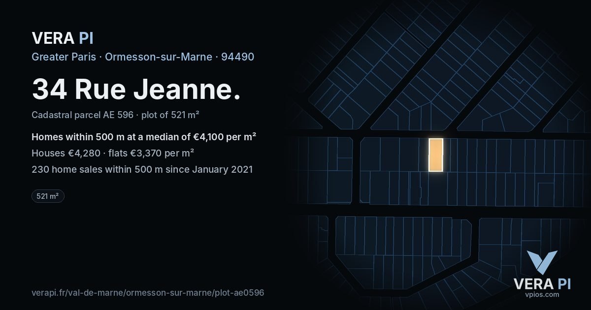 34 Rue Jeanne, Ormesson-sur-Marne at night – the plot lit, the parcels around coloured by the prices near them