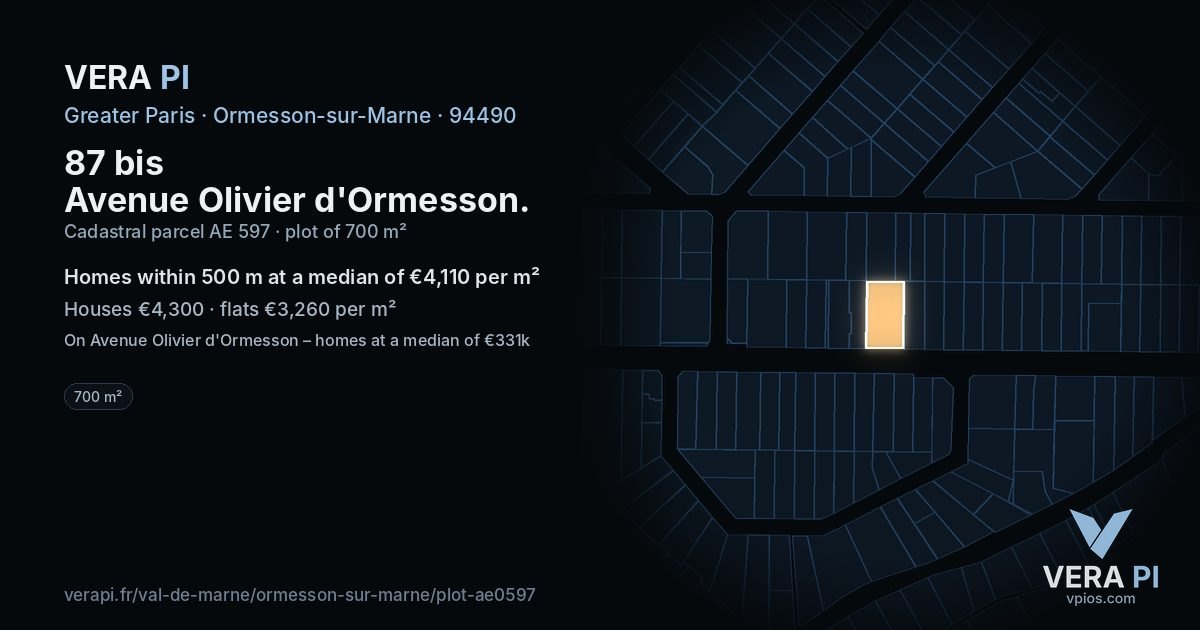 87 bis Avenue Olivier d'Ormesson, Ormesson-sur-Marne at night – the plot lit, the parcels around coloured by the prices near them