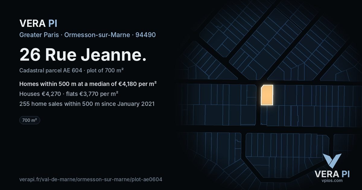 26 Rue Jeanne, Ormesson-sur-Marne at night – the plot lit, the parcels around coloured by the prices near them