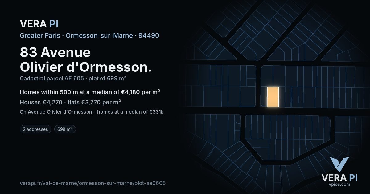 83 Avenue Olivier d'Ormesson, Ormesson-sur-Marne at night – the plot lit, the parcels around coloured by the prices near them