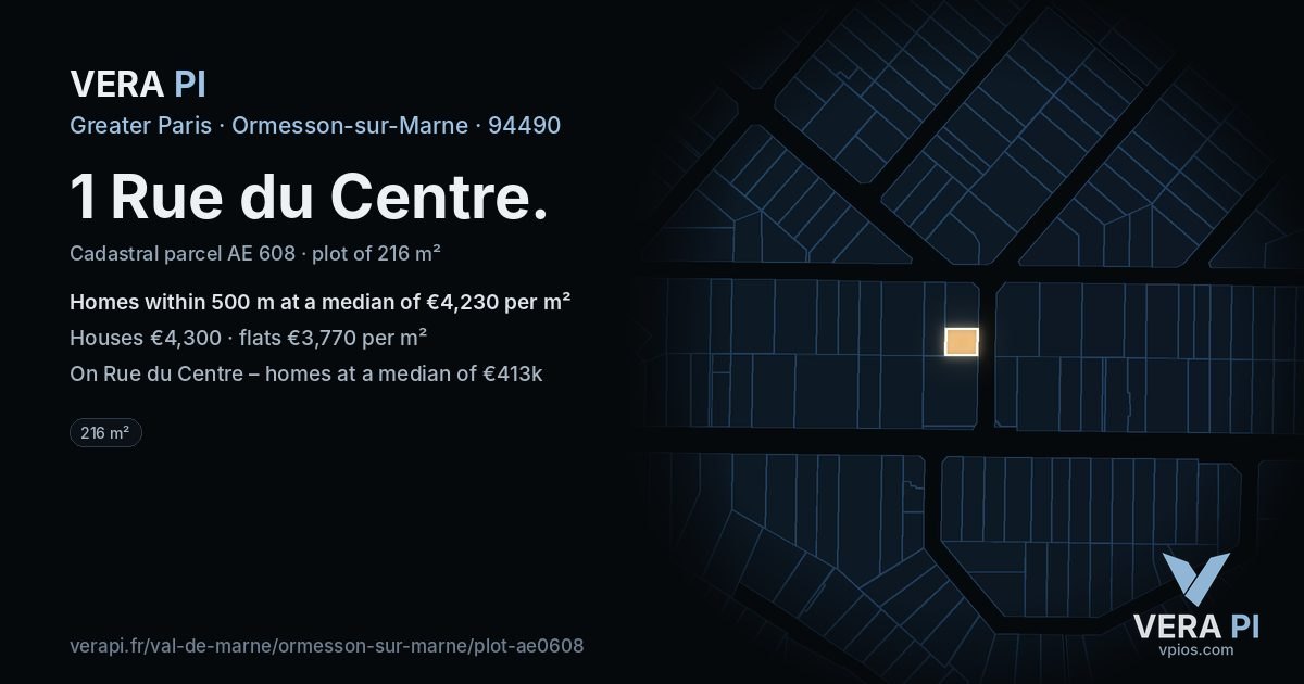 1 Rue du Centre, Ormesson-sur-Marne at night – the plot lit, the parcels around coloured by the prices near them