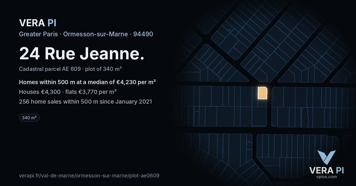 24 Rue Jeanne, Ormesson-sur-Marne at night – the plot lit, the parcels around coloured by the prices near them