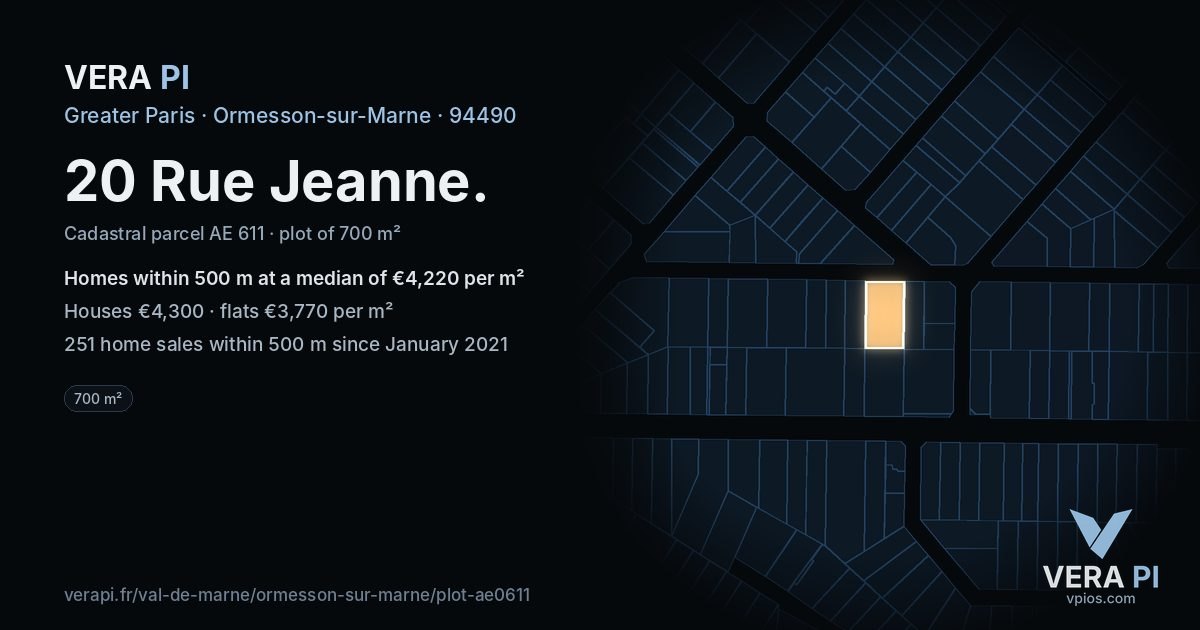 20 Rue Jeanne, Ormesson-sur-Marne at night – the plot lit, the parcels around coloured by the prices near them