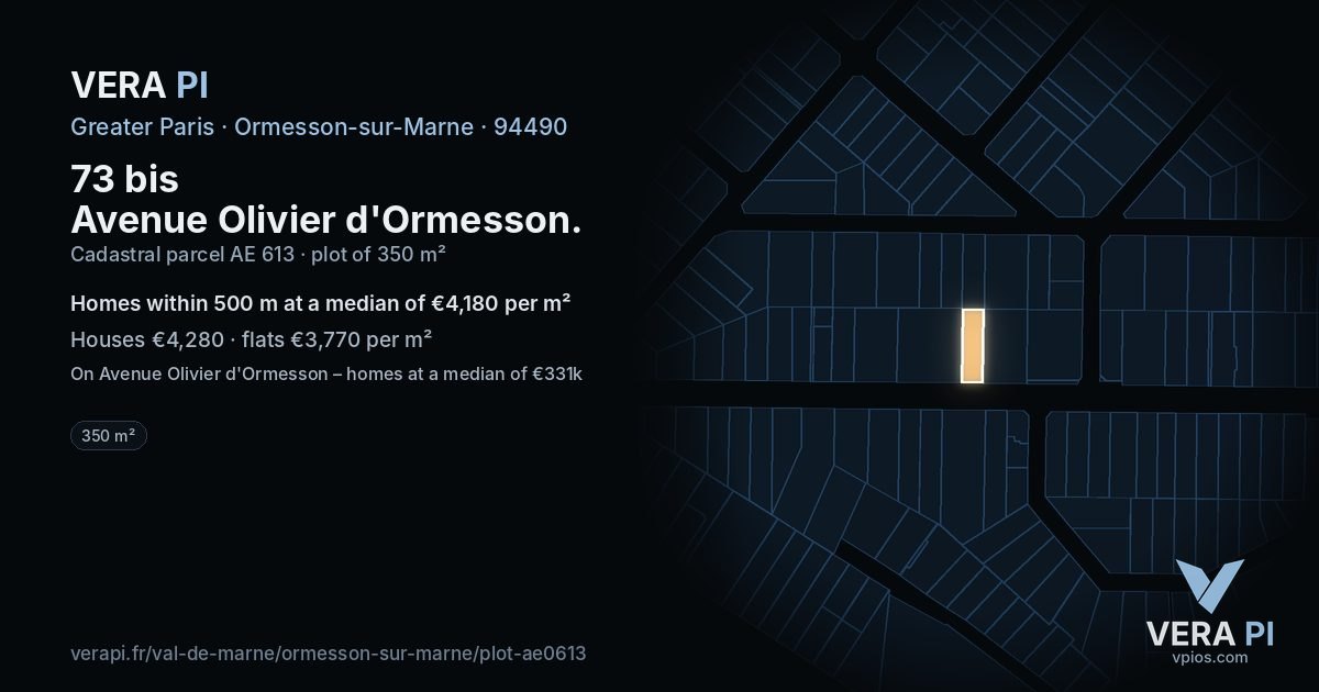 73 bis Avenue Olivier d'Ormesson, Ormesson-sur-Marne at night – the plot lit, the parcels around coloured by the prices near them