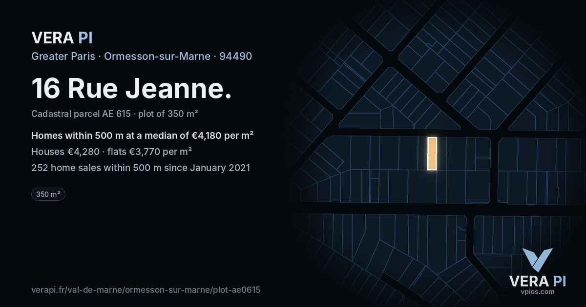 16 Rue Jeanne, Ormesson-sur-Marne at night – the plot lit, the parcels around coloured by the prices near them