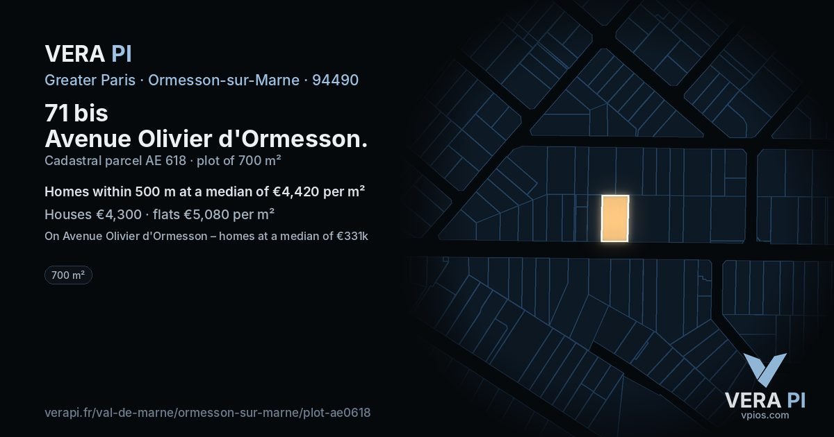 71 bis Avenue Olivier d'Ormesson, Ormesson-sur-Marne at night – the plot lit, the parcels around coloured by the prices near them
