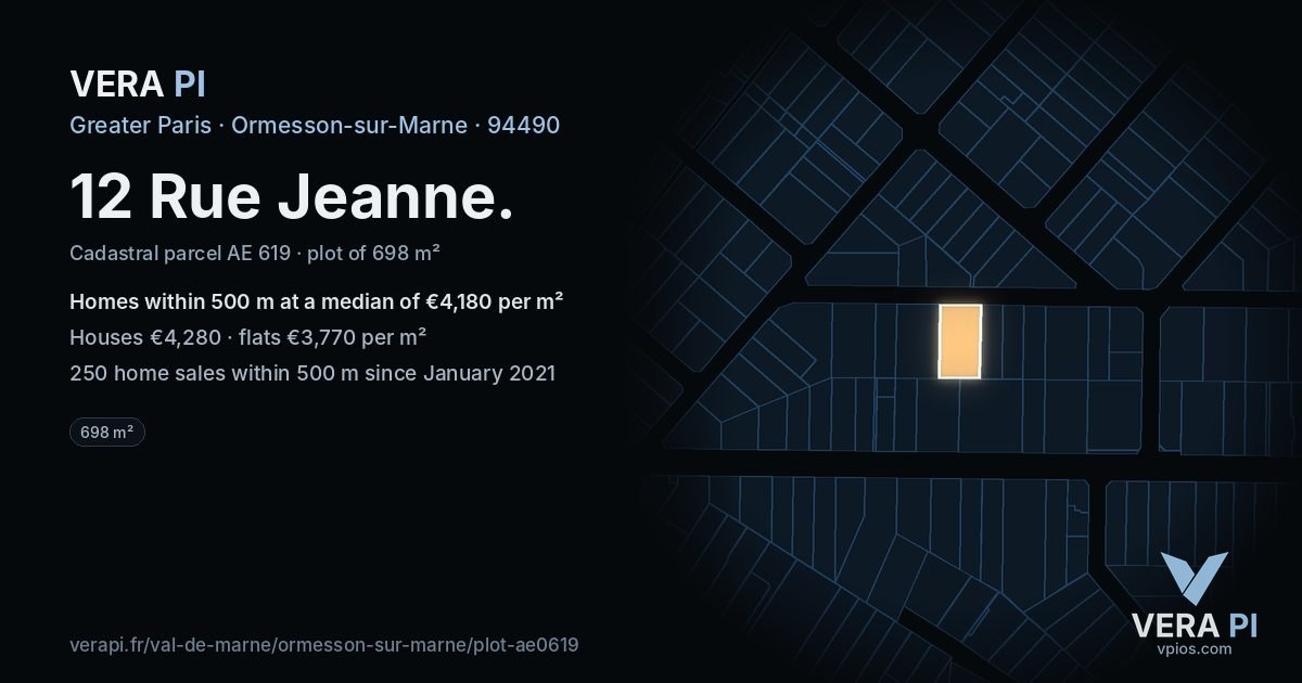 12 Rue Jeanne, Ormesson-sur-Marne at night – the plot lit, the parcels around coloured by the prices near them