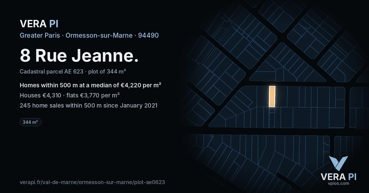 8 Rue Jeanne, Ormesson-sur-Marne at night – the plot lit, the parcels around coloured by the prices near them