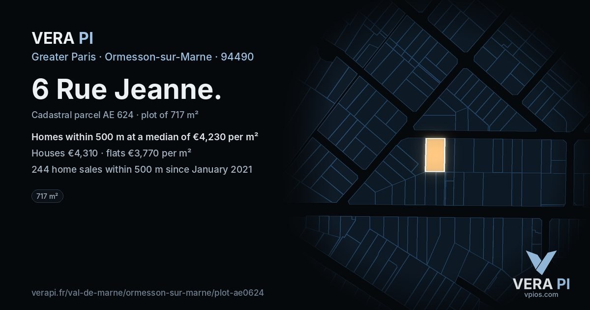 6 Rue Jeanne, Ormesson-sur-Marne at night – the plot lit, the parcels around coloured by the prices near them