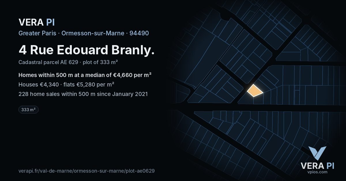 4 Rue Edouard Branly, Ormesson-sur-Marne at night – the plot lit, the parcels around coloured by the prices near them