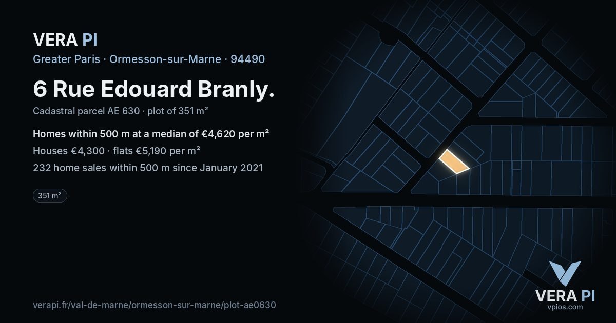 6 Rue Edouard Branly, Ormesson-sur-Marne at night – the plot lit, the parcels around coloured by the prices near them