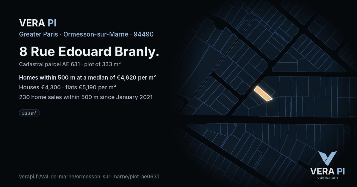 8 Rue Edouard Branly, Ormesson-sur-Marne at night – the plot lit, the parcels around coloured by the prices near them