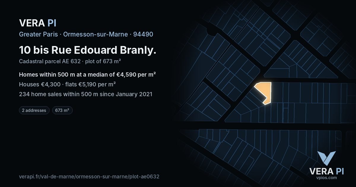 10 bis Rue Edouard Branly, Ormesson-sur-Marne at night – the plot lit, the parcels around coloured by the prices near them
