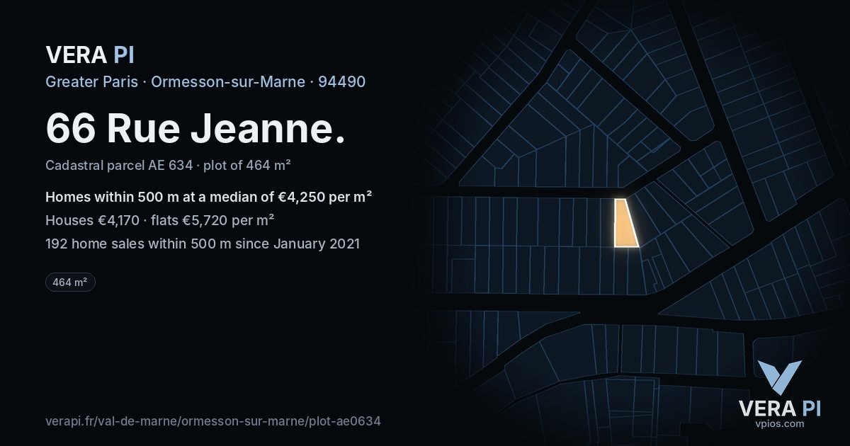 66 Rue Jeanne, Ormesson-sur-Marne at night – the plot lit, the parcels around coloured by the prices near them