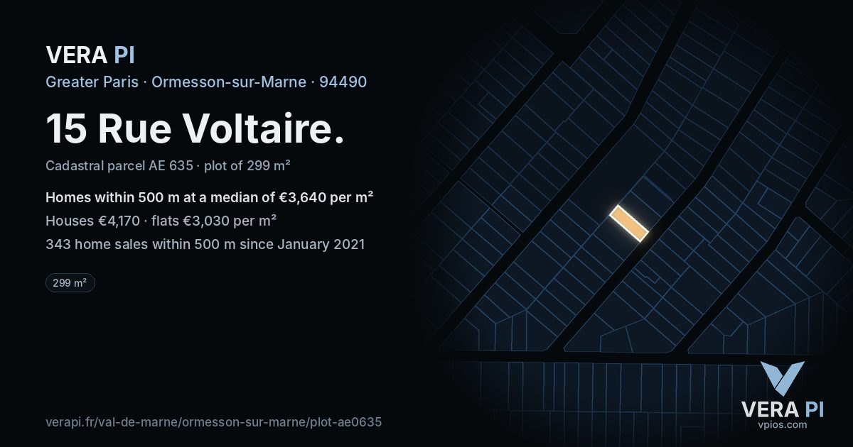 15 Rue Voltaire, Ormesson-sur-Marne at night – the plot lit, the parcels around coloured by the prices near them