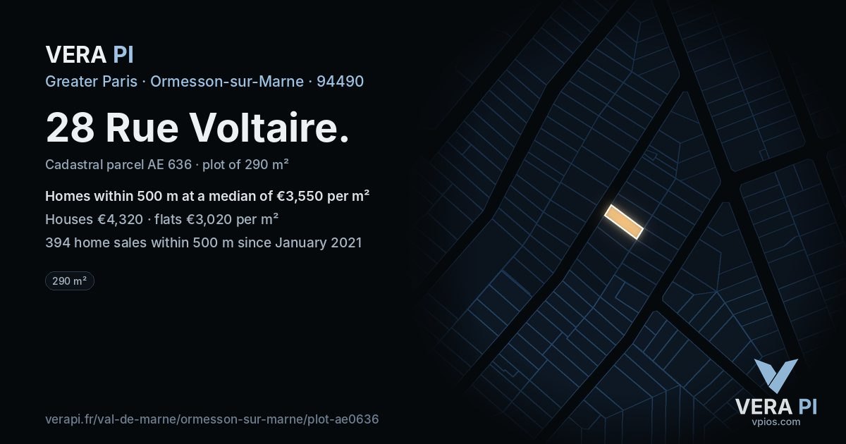 28 Rue Voltaire, Ormesson-sur-Marne at night – the plot lit, the parcels around coloured by the prices near them