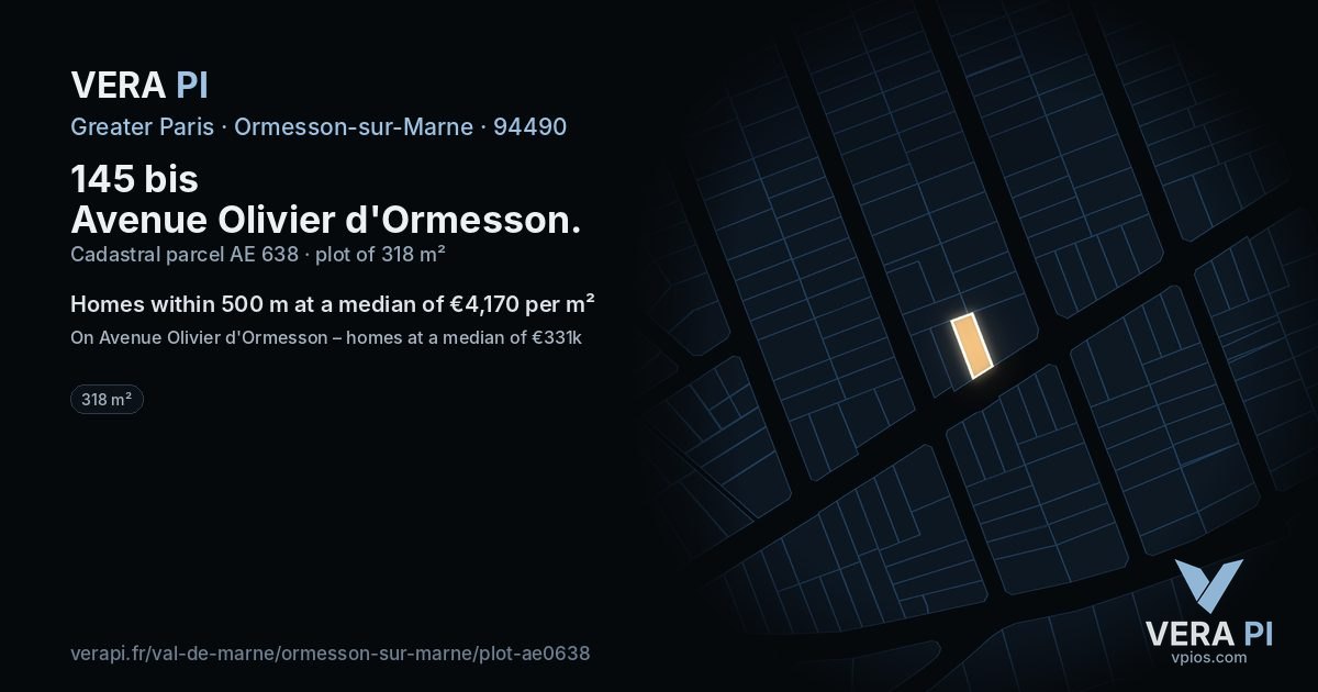 145 bis Avenue Olivier d'Ormesson, Ormesson-sur-Marne at night – the plot lit, the parcels around coloured by the prices near them