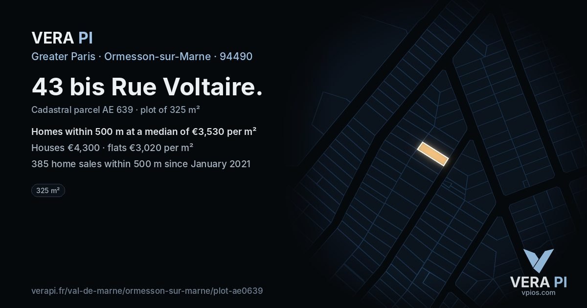 43 bis Rue Voltaire, Ormesson-sur-Marne at night – the plot lit, the parcels around coloured by the prices near them