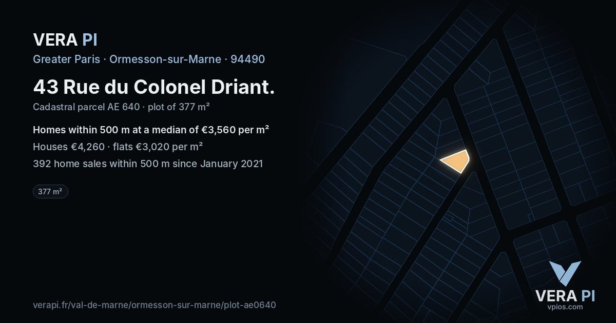 43 Rue du Colonel Driant, Ormesson-sur-Marne at night – the plot lit, the parcels around coloured by the prices near them