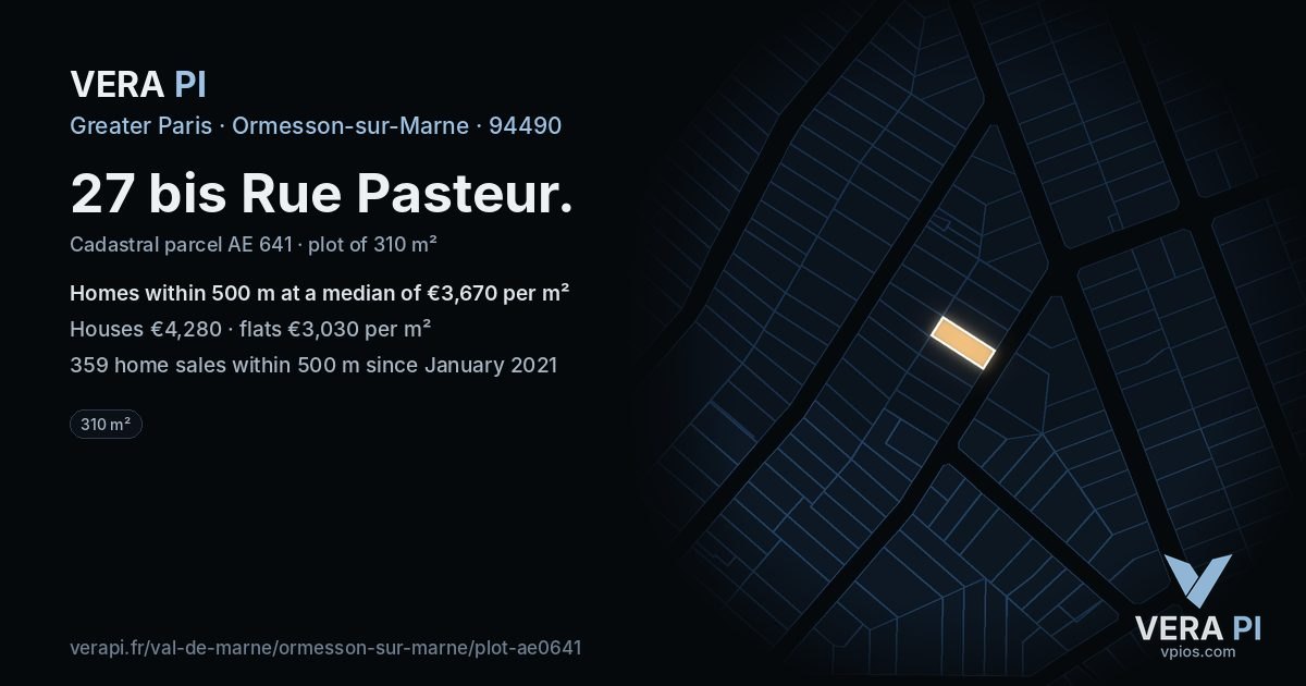 27 bis Rue Pasteur, Ormesson-sur-Marne at night – the plot lit, the parcels around coloured by the prices near them