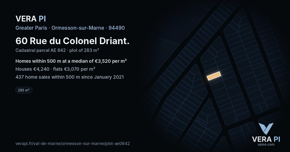 60 Rue du Colonel Driant, Ormesson-sur-Marne at night – the plot lit, the parcels around coloured by the prices near them