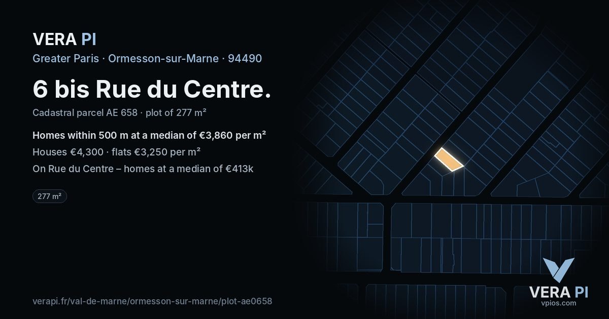 6 bis Rue du Centre, Ormesson-sur-Marne at night – the plot lit, the parcels around coloured by the prices near them