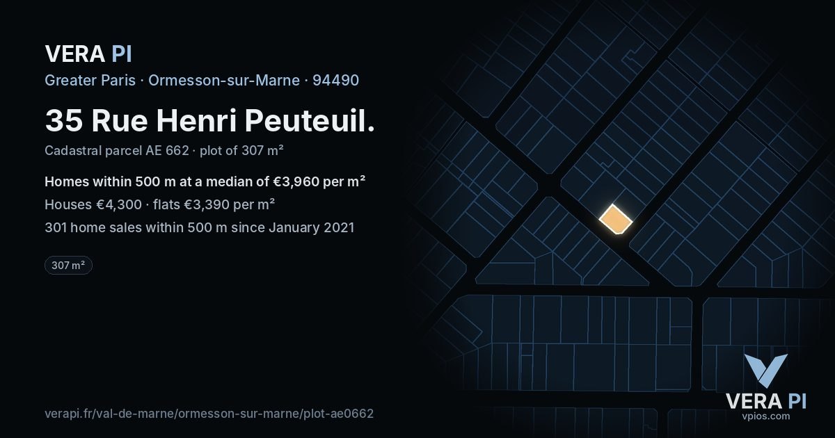 35 Rue Henri Peuteuil, Ormesson-sur-Marne at night – the plot lit, the parcels around coloured by the prices near them