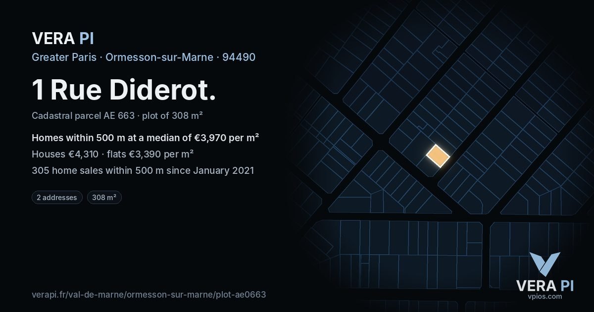 1 Rue Diderot, Ormesson-sur-Marne at night – the plot lit, the parcels around coloured by the prices near them