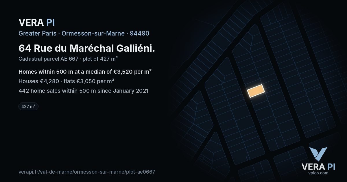 64 Rue du Maréchal Galliéni, Ormesson-sur-Marne at night – the plot lit, the parcels around coloured by the prices near them