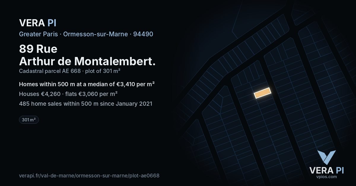 89 Rue Arthur de Montalembert, Ormesson-sur-Marne at night – the plot lit, the parcels around coloured by the prices near them