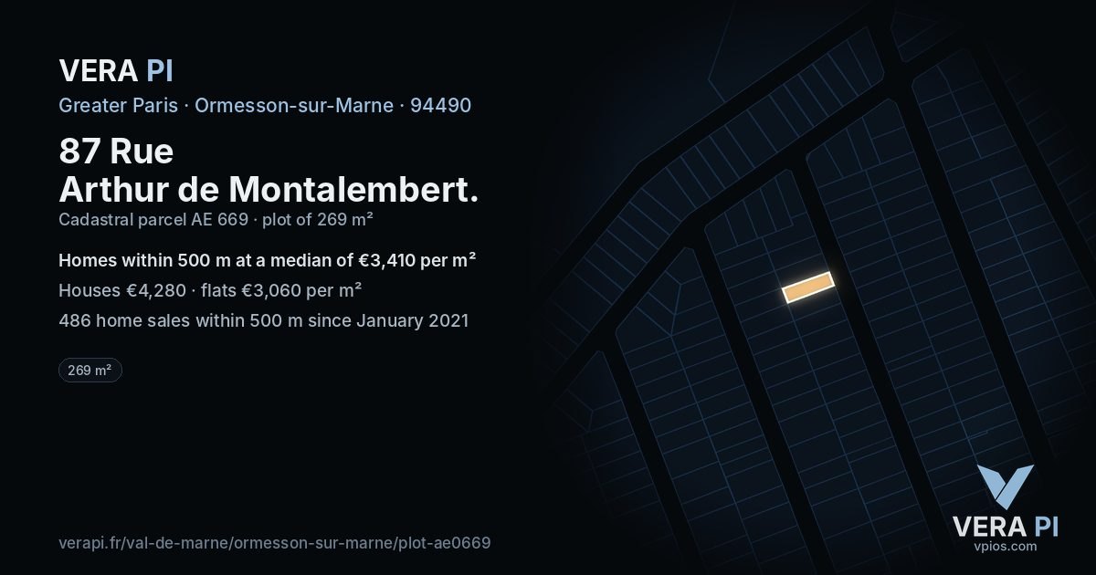 87 Rue Arthur de Montalembert, Ormesson-sur-Marne at night – the plot lit, the parcels around coloured by the prices near them
