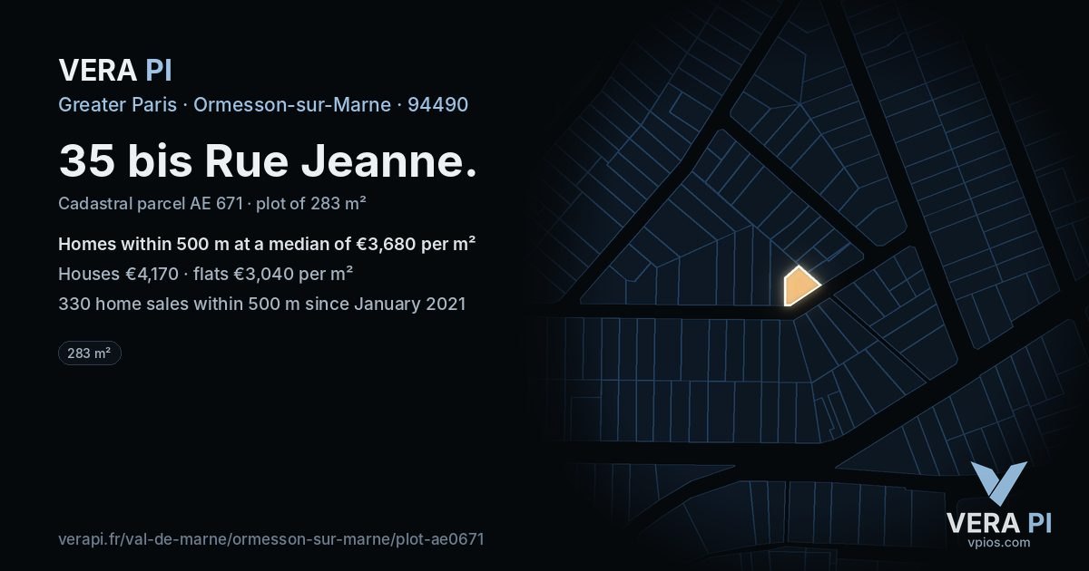 35 bis Rue Jeanne, Ormesson-sur-Marne at night – the plot lit, the parcels around coloured by the prices near them