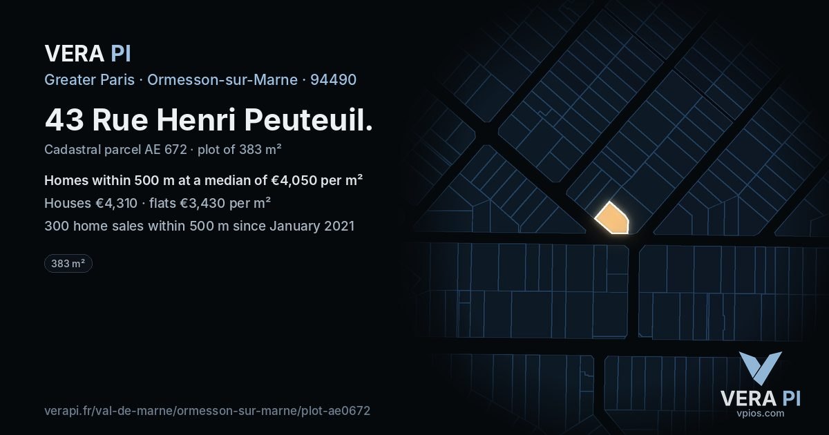 43 Rue Henri Peuteuil, Ormesson-sur-Marne at night – the plot lit, the parcels around coloured by the prices near them
