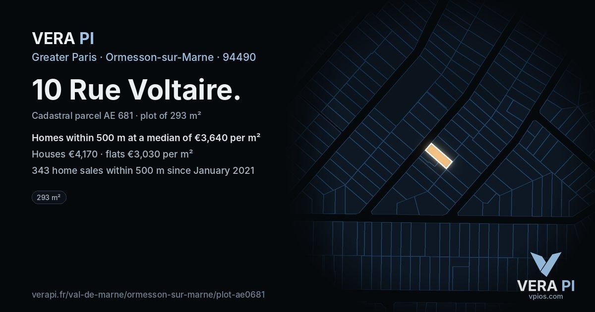 10 Rue Voltaire, Ormesson-sur-Marne at night – the plot lit, the parcels around coloured by the prices near them