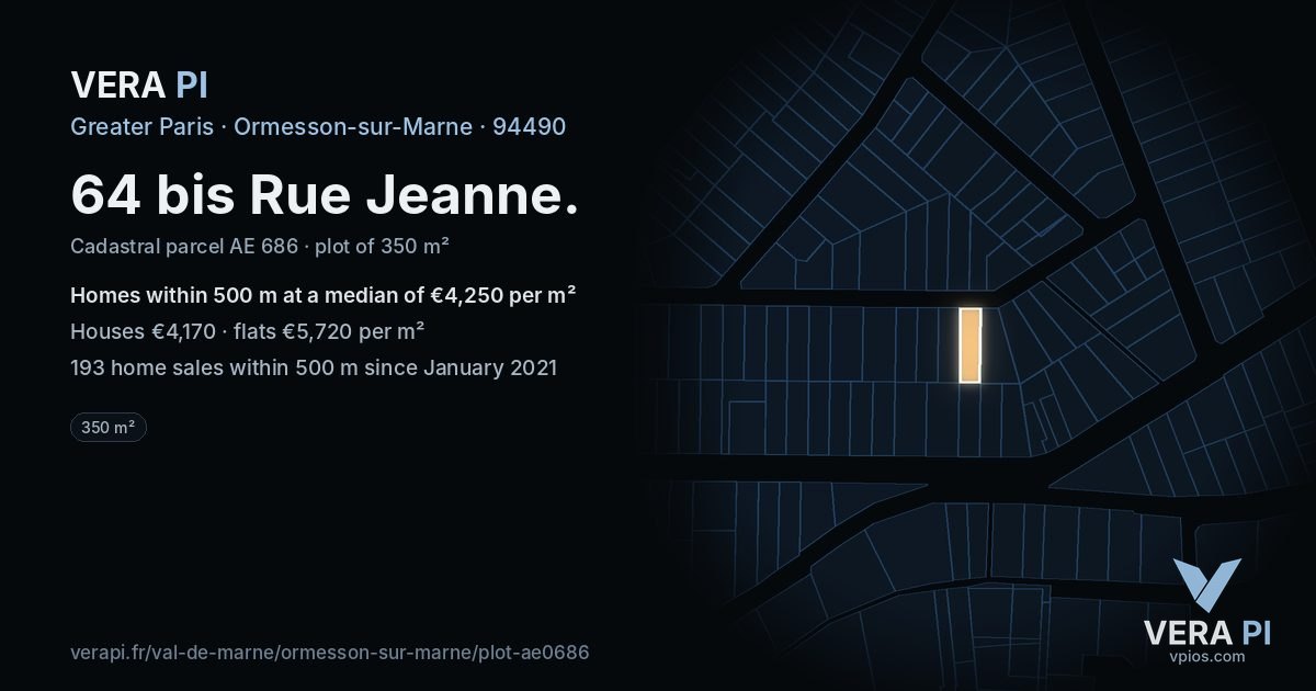 64 bis Rue Jeanne, Ormesson-sur-Marne at night – the plot lit, the parcels around coloured by the prices near them