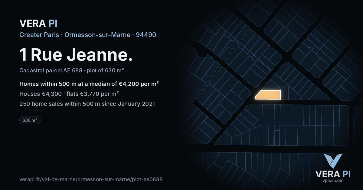 1 Rue Jeanne, Ormesson-sur-Marne at night – the plot lit, the parcels around coloured by the prices near them