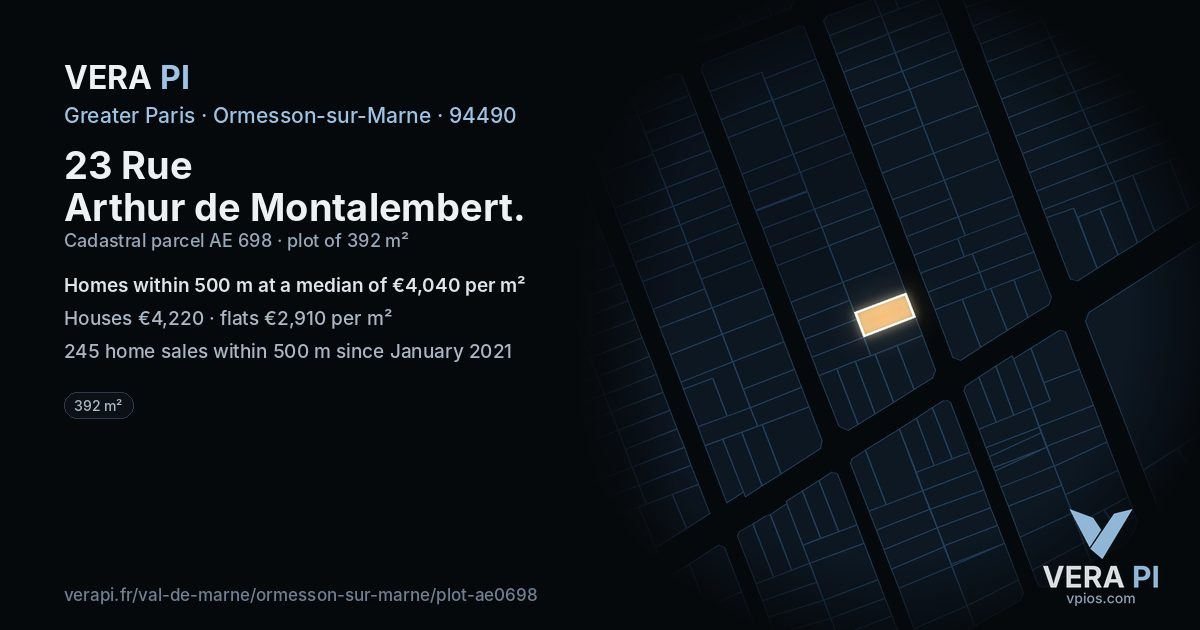 23 Rue Arthur de Montalembert, Ormesson-sur-Marne at night – the plot lit, the parcels around coloured by the prices near them