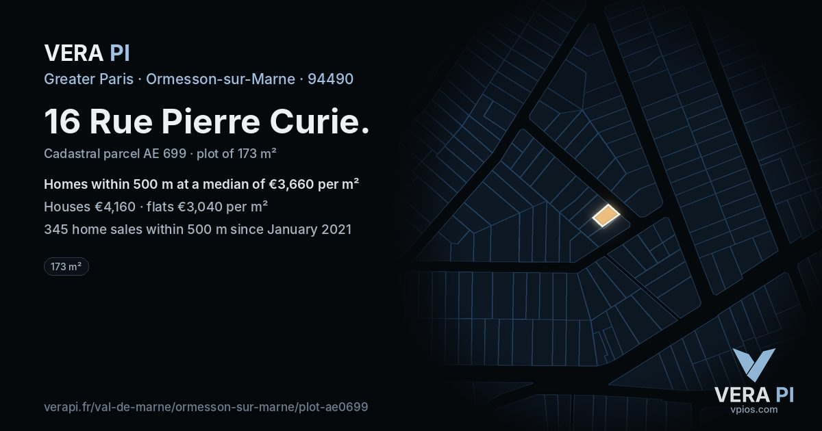 16 Rue Pierre Curie, Ormesson-sur-Marne at night – the plot lit, the parcels around coloured by the prices near them
