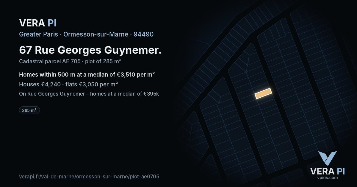 67 Rue Georges Guynemer, Ormesson-sur-Marne at night – the plot lit, the parcels around coloured by the prices near them