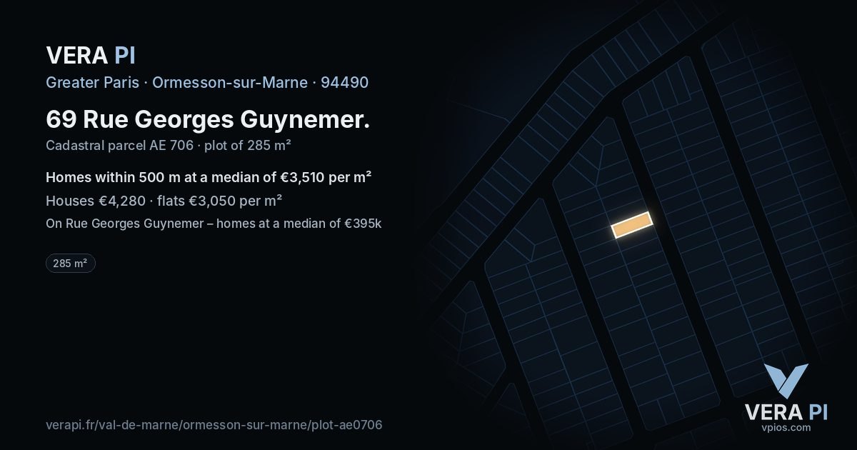 69 Rue Georges Guynemer, Ormesson-sur-Marne at night – the plot lit, the parcels around coloured by the prices near them