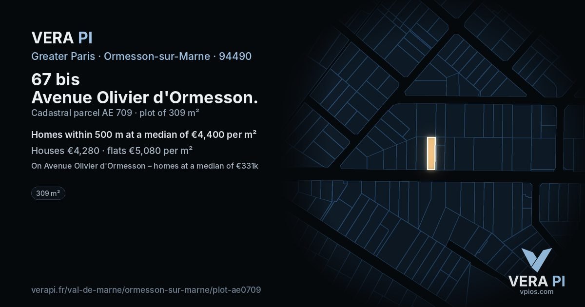 67 bis Avenue Olivier d'Ormesson, Ormesson-sur-Marne at night – the plot lit, the parcels around coloured by the prices near them