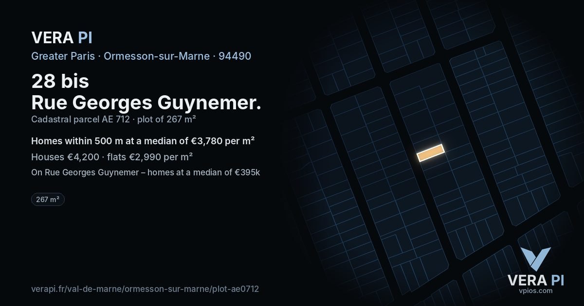 28 bis Rue Georges Guynemer, Ormesson-sur-Marne at night – the plot lit, the parcels around coloured by the prices near them
